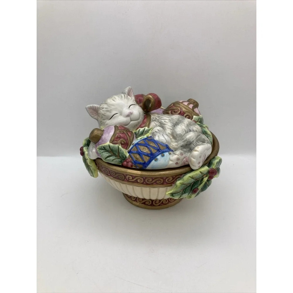 Fitz &Floyd Christmas Kitty In Bowl Lidded Footed Bowl Ornaments Candy 2005
